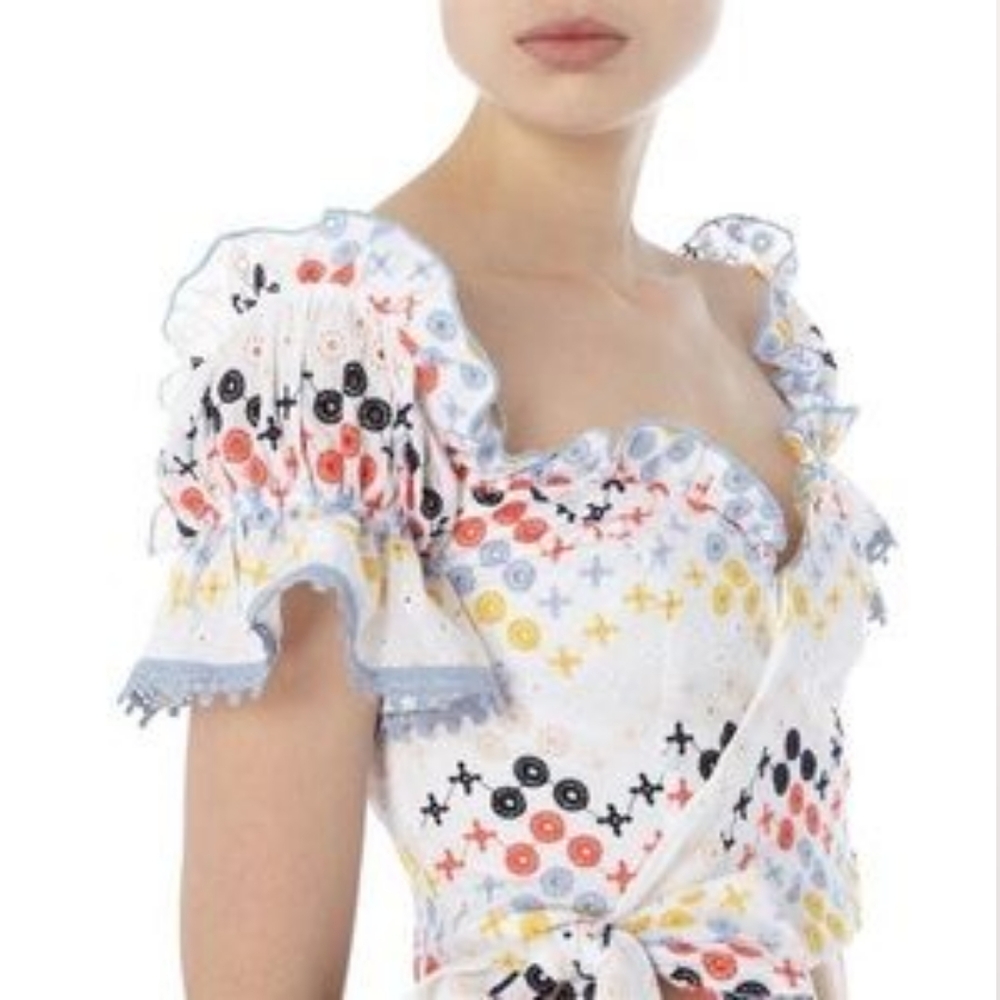 Foxiedox Women Multicolor Babydoll Ruffle Eyelet Cropped Wrap Top Size Medium